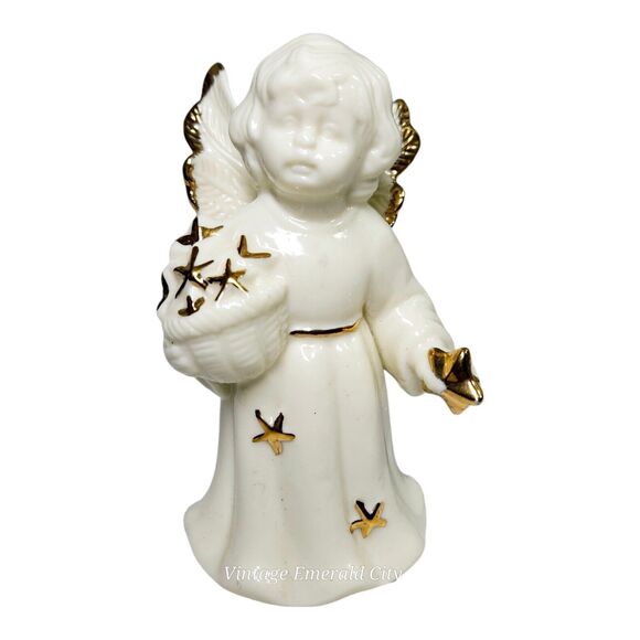 Vtg Porcelain Christmas Angel Bell Ornament Gold Trim & Star Collectible - Picture 1 of 12